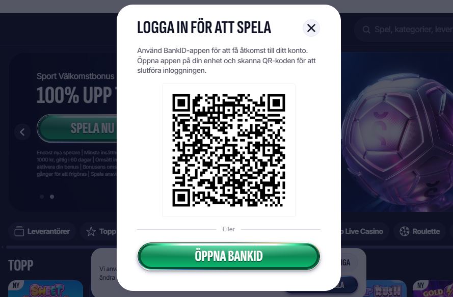 Logga in på Swiper casino med BankID QR-kod